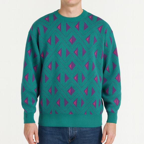 Vintage Meister 80s Retro Teal Purple Geometric Sweater Size M - Picture 1 of 8